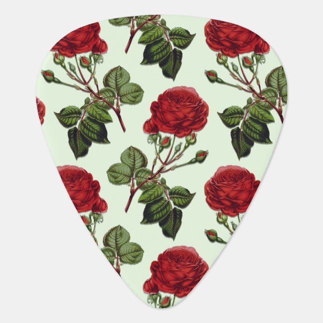 Red Long Stem Rose Pattern Mint Green Background Guitar Pick (Front)