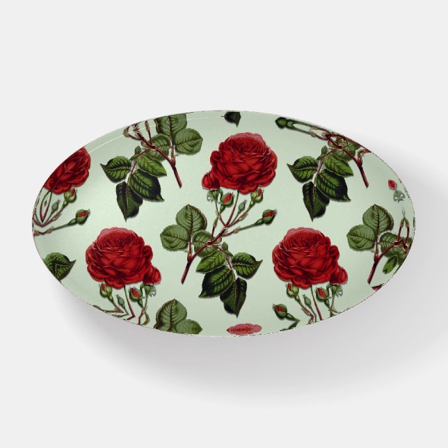 Red Long Stem Rose Pattern Mint Green Background Paperweight (Front)