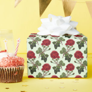 Red Long Stem Rose Pattern Mint Green Background Wrapping Paper
