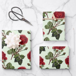 Red Long Stem Rose Pattern Mint Green Background Wrapping Paper Sheets