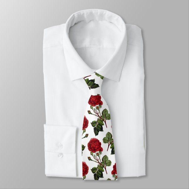 Red Long Stem Rose Pattern Neck Tie (Tied)