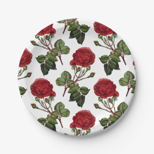 Red Long Stem Rose Pattern Paper Plates