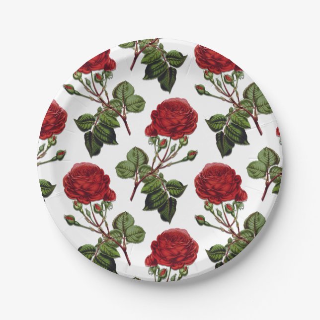 Red Long Stem Rose Pattern Paper Plates (Front)