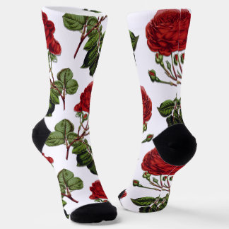 Red Long Stem Rose Pattern Socks