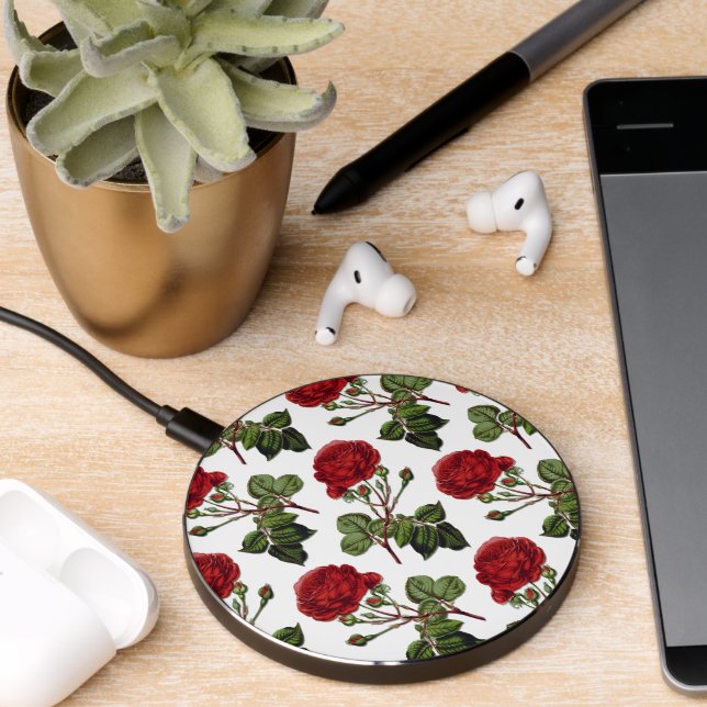 Red Long Stem Rose Pattern Wireless Charger (Desk 2)