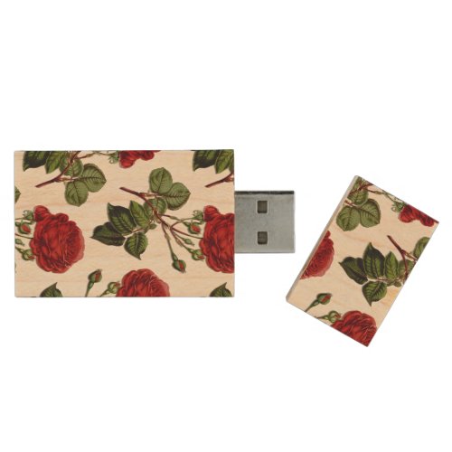 Red Long Stem Rose Pattern Wood Flash Drive