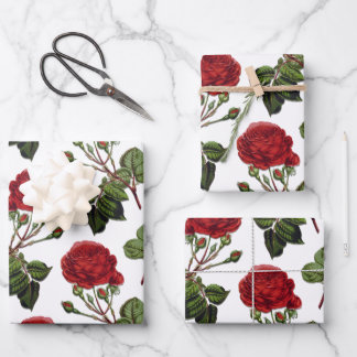 Red Long Stem Rose Pattern Wrapping Paper Sheets