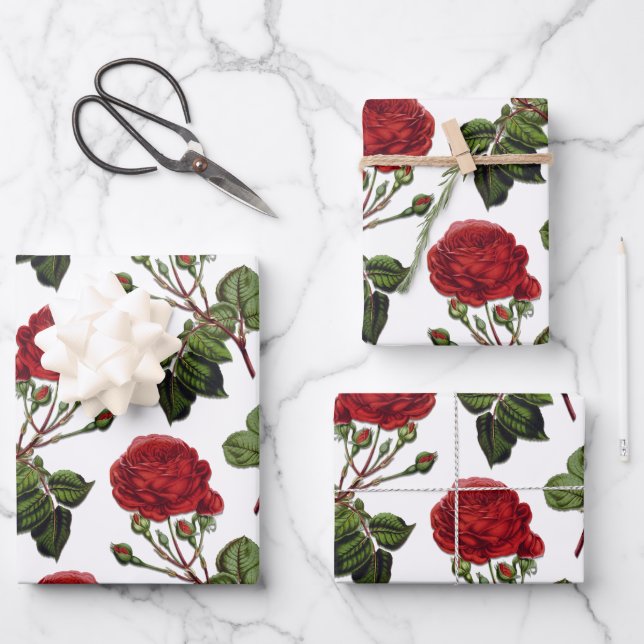 Red Long Stem Rose Pattern Wrapping Paper Sheets (Front)