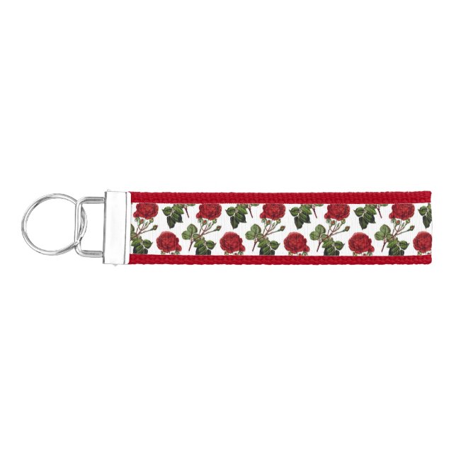Red Long Stem Rose Pattern Wrist Keychain (Keys on Left)