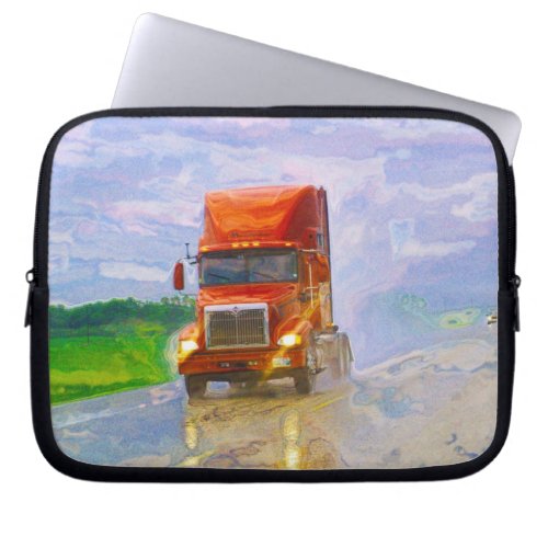 Red Lorry in Rain Truck Drivers Art Laptop Sleeve