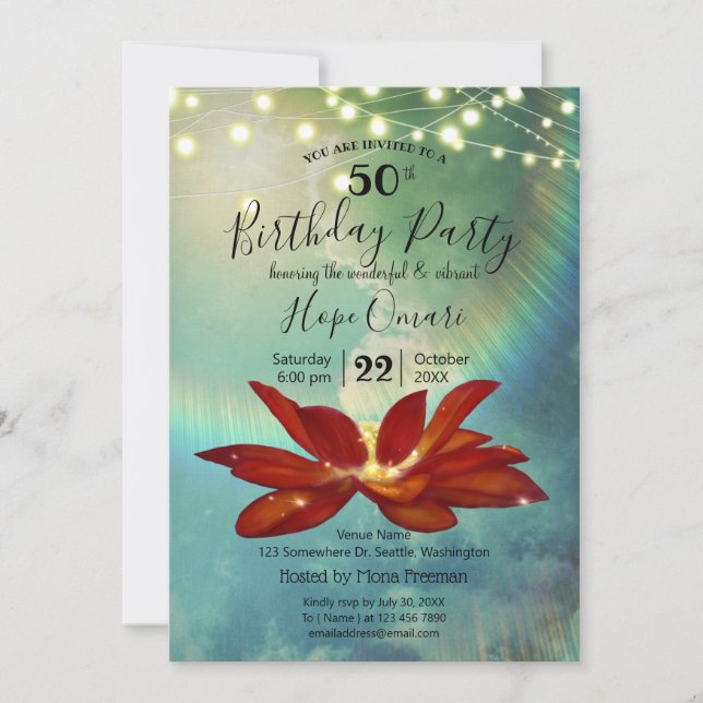 Red Lotus Flower | Blue 50th Birthday Party Invitation (Front)