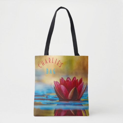 Red Lotus Flower Blue and Gold Accents Tote Bag