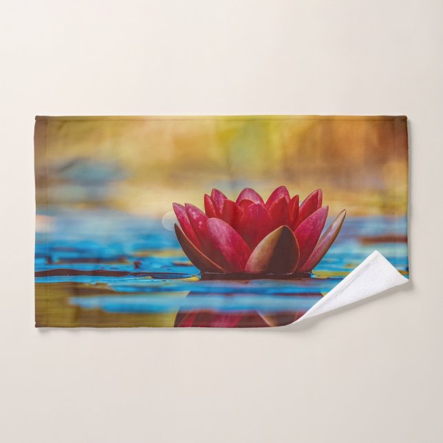 Red Lotus Flower Landscape, Zen  Bath Towel Set (Hand Towel)