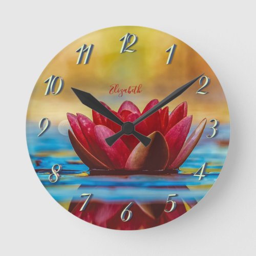 Red Lotus Flower Landscape Zen    Round Clock