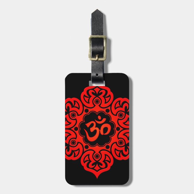 Red Lotus Flower Om on Black Luggage Tag (Front Vertical)