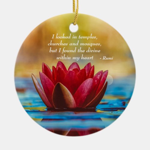 Red Lotus Flower on Blue Water Spiritual Quote Ceramic Ornament