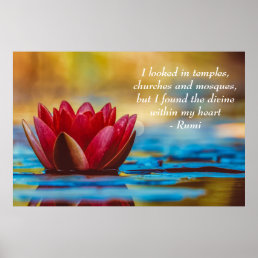 Red Lotus Flower on Blue Water Spiritual Quote Poster