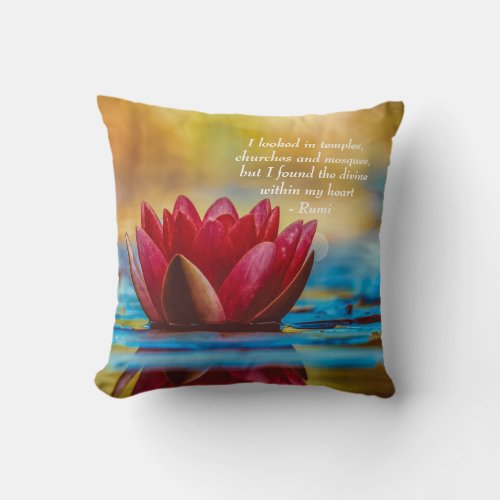 Red Lotus Flower on Blue Water Spiritual Quote Throw Pillow