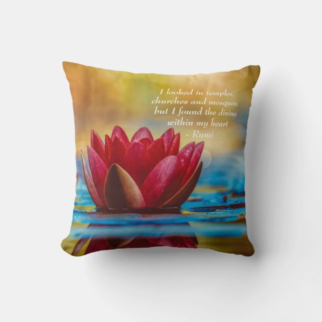 Red Lotus Flower on Blue Water Spiritual Quote Throw Pillow (Front)