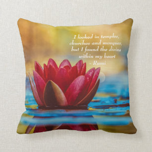 Red Lotus Flower on Blue Water Spiritual Quote Throw Pillow