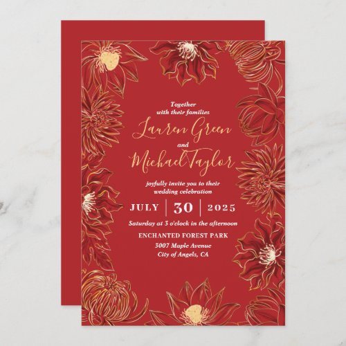Red Lotus Flower Oriental Floral Wedding Invitation