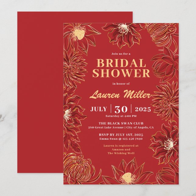 Red Lotus Flower Oriental Floral Wedding Invitation (Front/Back)