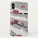 Red Lotus Flowers on Gray Stripes iPhone X Case
