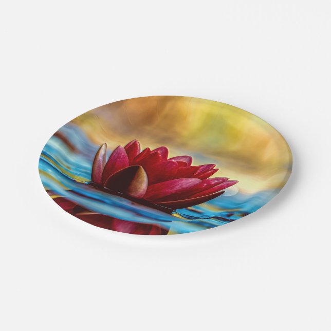 Red Lotus Water Lily Flower Paper Plates (Angled)
