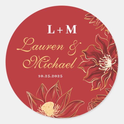 Red Lotus Waterlily Flower Oriental Floral Wedding Classic Round Sticker