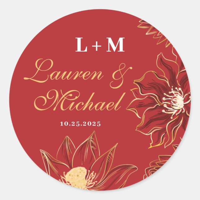 Red Lotus Waterlily Flower Oriental Floral Wedding Classic Round Sticker (Front)