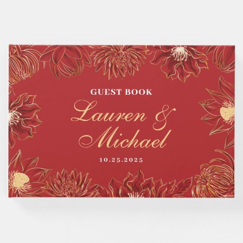 Red Lotus Waterlily Flower Oriental Floral Wedding Guest Book