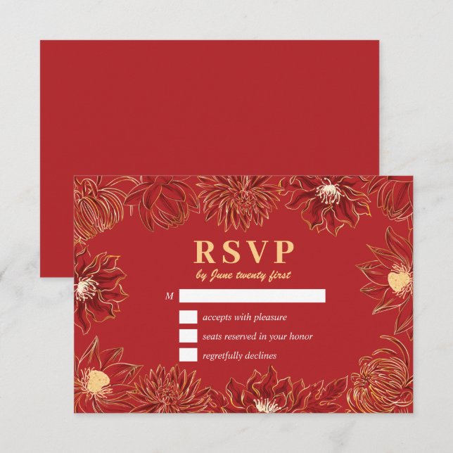 Red Lotus Waterlily Flower Oriental Floral Wedding RSVP Card (Front/Back)
