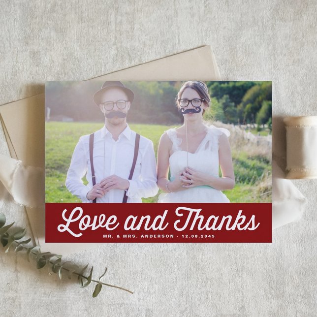 Red Love and Thanks Retro Photo Wedding Thank You Card (Love and Thanks Retro Script Photo Wedding Thank You Card | Customizable Red Thank You Card)