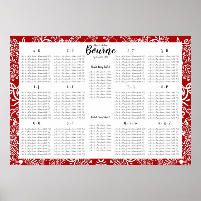 Red Love Bird Seating Chart Alphabetical Order (Front)