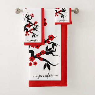 Red love birds cherry tree, blossoms red border bath towel set