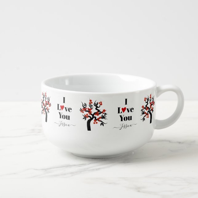 Red Love birds sakura cherry tree and blossom Soup Mug (Left)