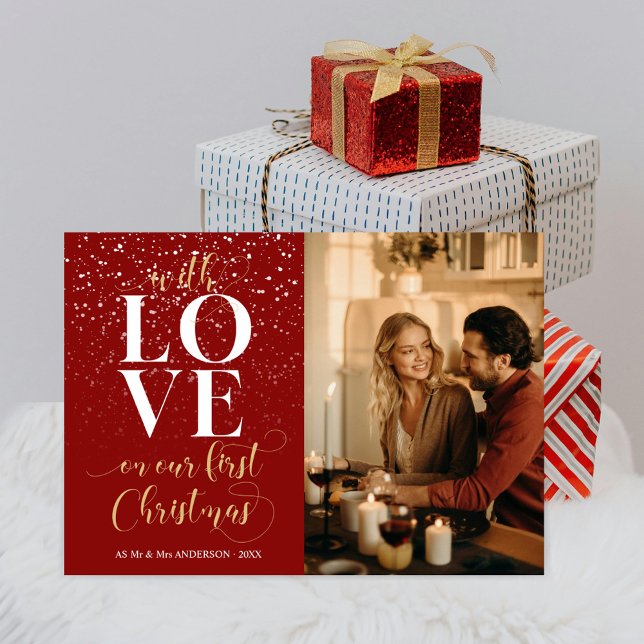 Red Love First Christmas Mr & Mrs Photo Script Holiday Card (Creator Uploaded)