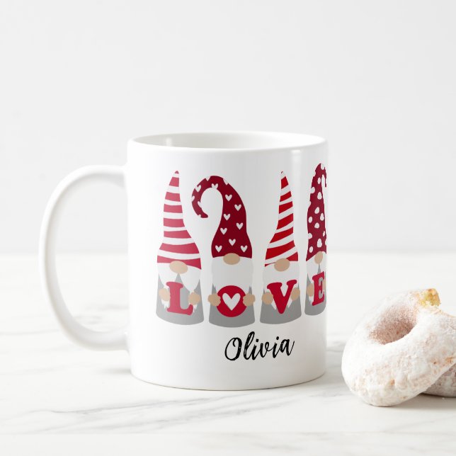 RED LOVE GNOMES VALENTINE'S DAY NAME MUG  (With Donut)