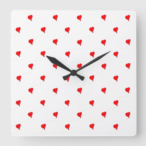 Red Love Heart Balloons Simple Pattern Art Drawing Square Wall Clock