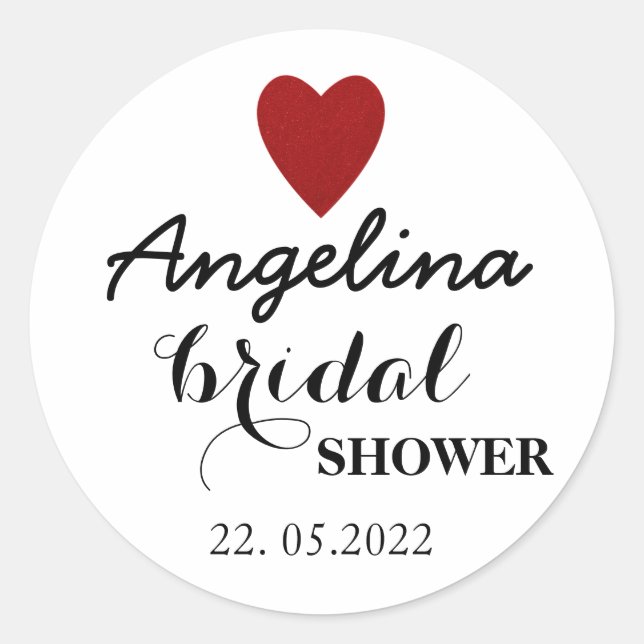 Red Love Heart Bridal Shower Classic Round Sticker (Front)