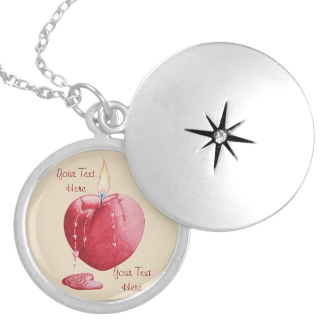 red love heart burning candle romantic silver plated necklace (Front)