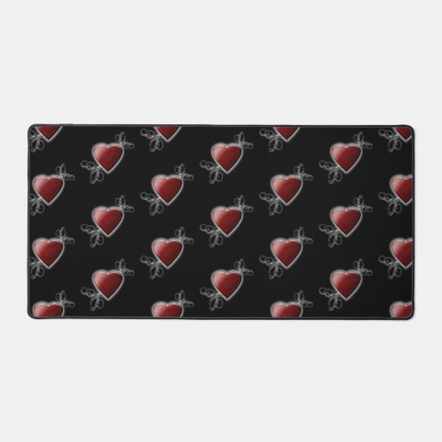 Red Love Heart Glowing Against Midnight Black Desk Mat (Front)