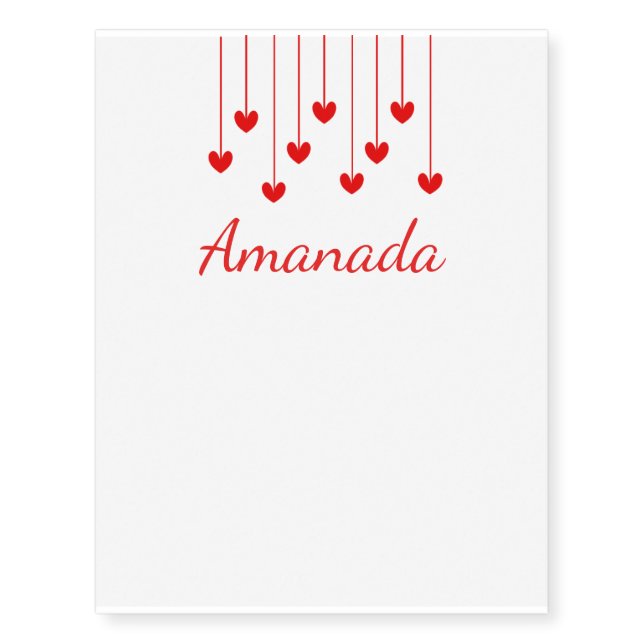 Red love heart pattern personalized name temporary tattoos (Front)