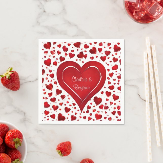Red Love Heart Pattern Valentine Name Party Napkins (Insitu)