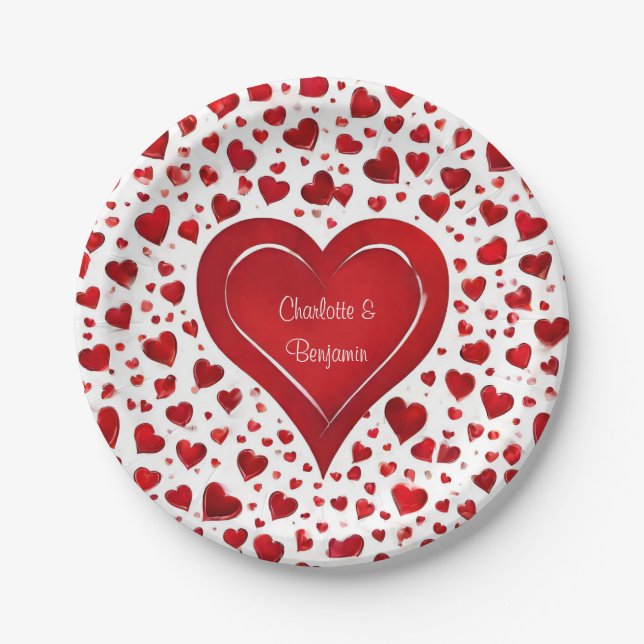 Red Love Heart Pattern Valentine Name Party Paper Plates (Front)