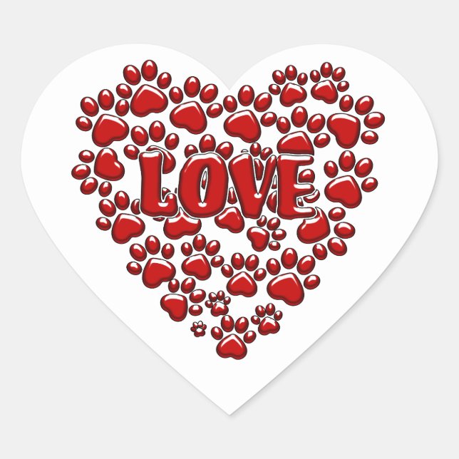 Red Love Heart Paw Prints Stickers (Front)