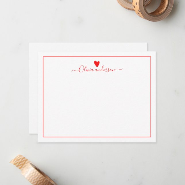 Red Love Heart Personalized Note Card (Front/Back In Situ)