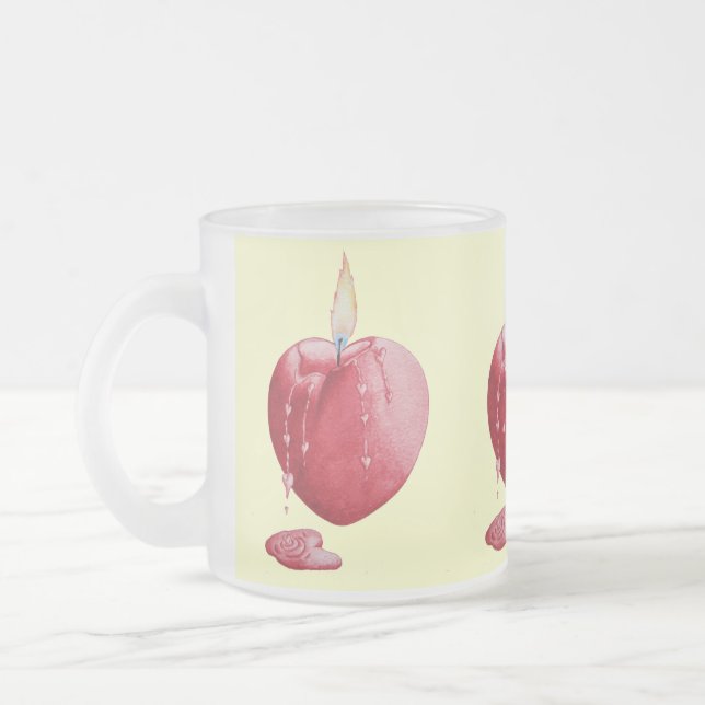 red love heart shaped burning candle art design frosted glass coffee mug (Left)