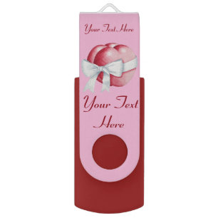 red love heart tied with white ribbon bow USB flash drive