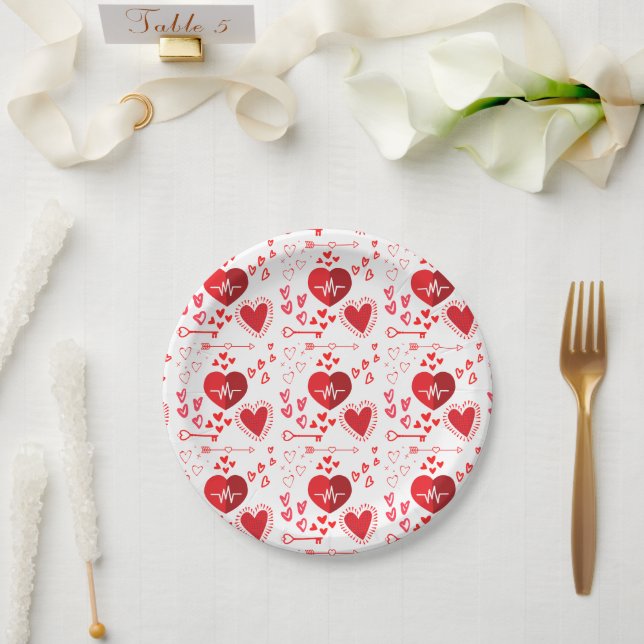 Red love hearts and arrow  paper plates (Wedding)